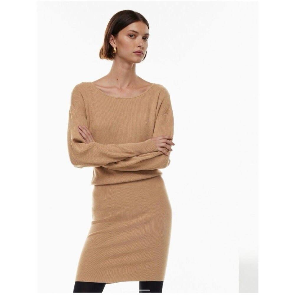 Aritzia Babaton Continent Dress S Gold Camel Boat Neck Dolman Knit Sweater Mini - Picture 11 of 16